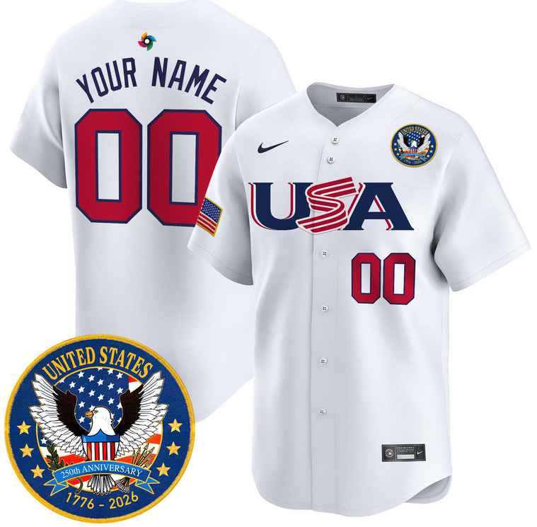 Custom Men Team USA World Baseball Classic 250th Anniversary  white 2026 Roster Patch Vapor Jersey